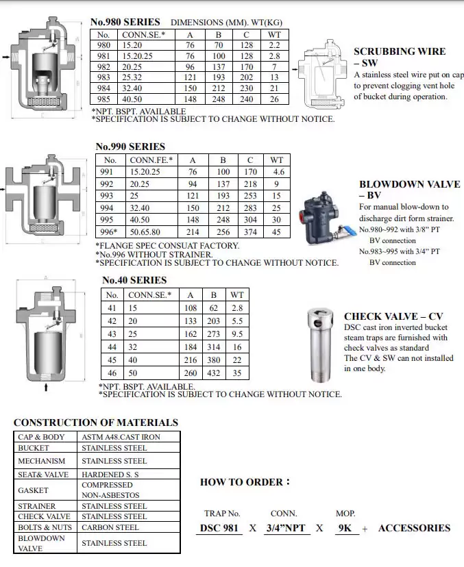 Catalog bẫy hơi gầu đảo DSC 980 991 Seri