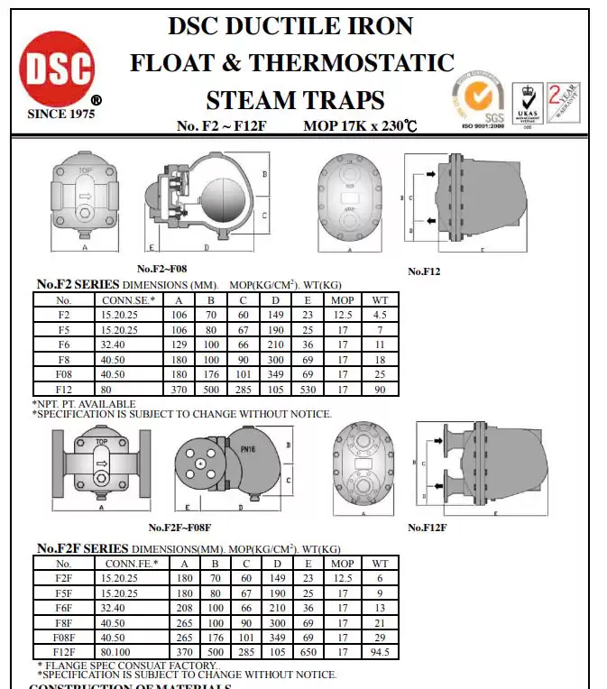 Catalog bẫy hơi phao DSC F2 F08F FS2 FS08F